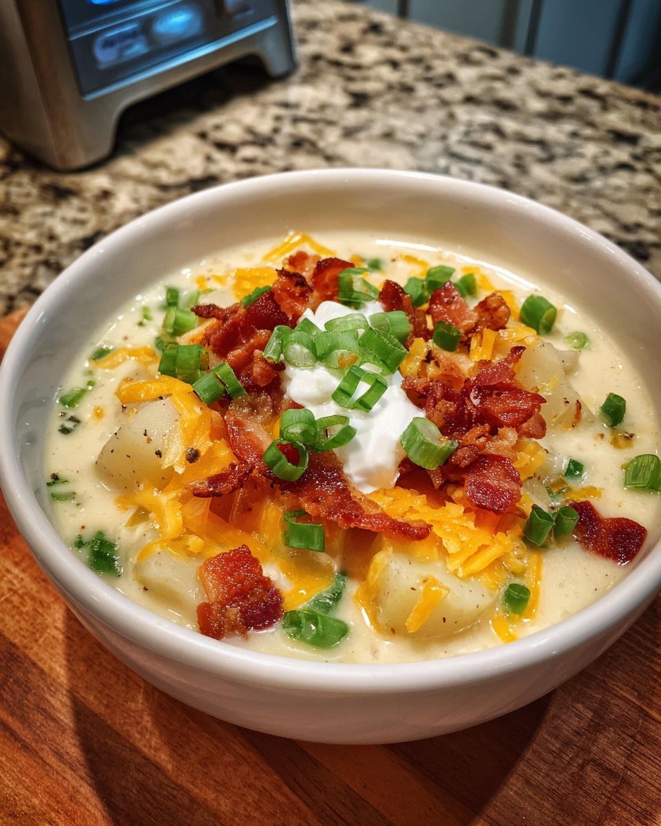 Close-up of a hearty bowl of creamy potato soup recipe topped with bacon, cheese, sour cream, and green onions.