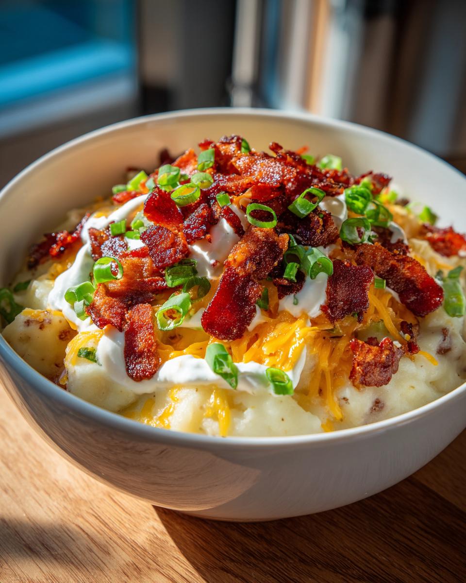 A close-up of a hearty bowl of potato soup recipe topped generously with sour cream, bacon, cheese, and green onions.