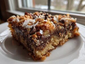 A close-up view of a thick, layered magic cookie bars slice on a white plate, showing chocolate chips and coconut.