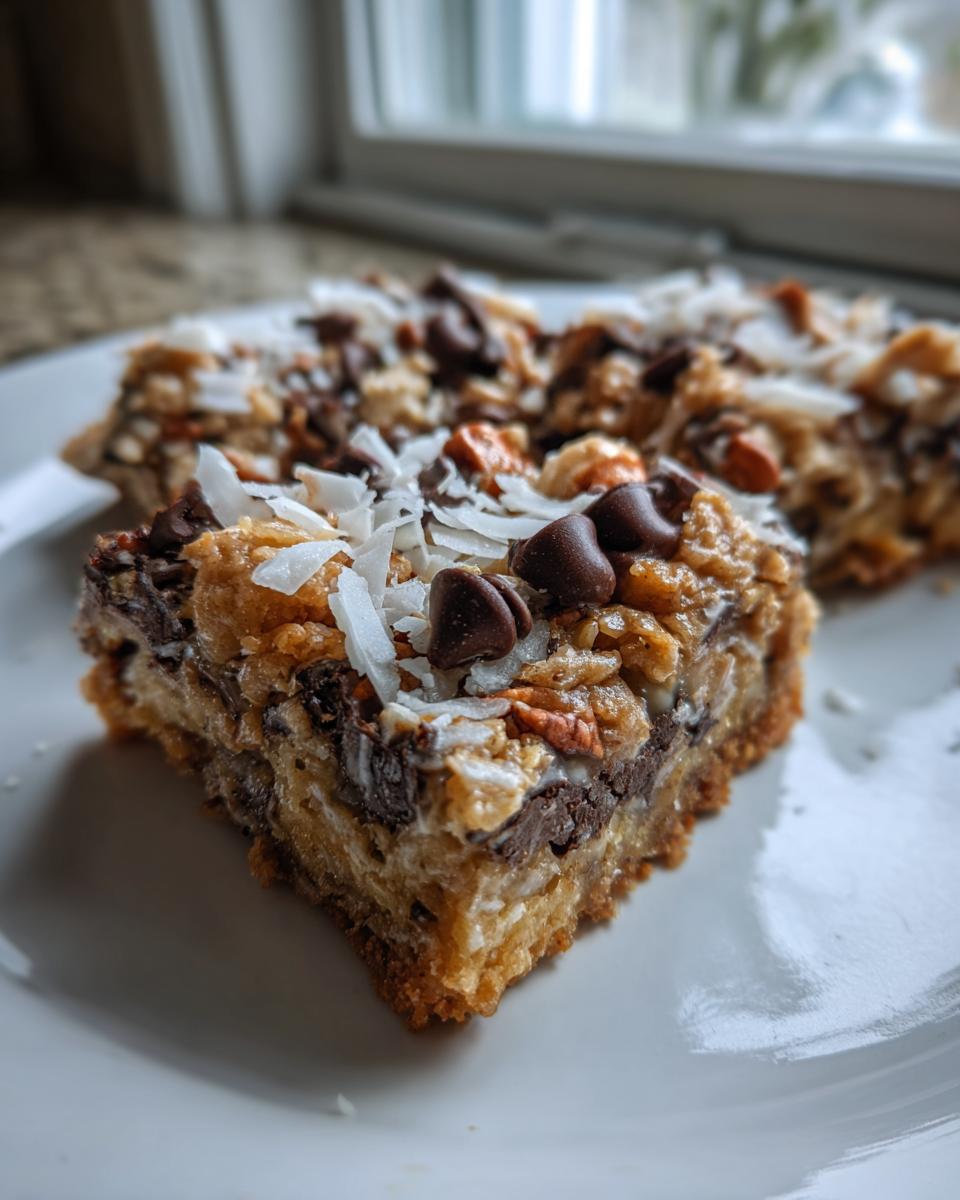 A close-up, cross-section view of a rich magic cookie bars square topped with chocolate chips and shredded coconut.