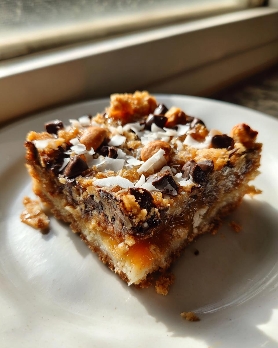 A single square slice of rich magic cookie bars topped with chocolate chips, nuts, and coconut flakes.