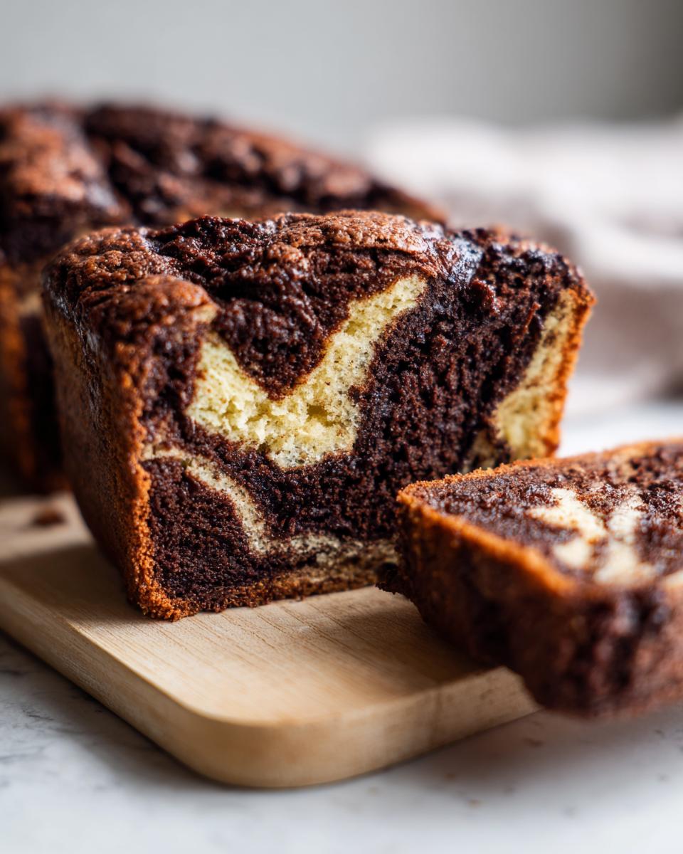 Close-up of a slice of marbled hot fudge brownie bread showing rich chocolate and vanilla swirls on a wooden board.