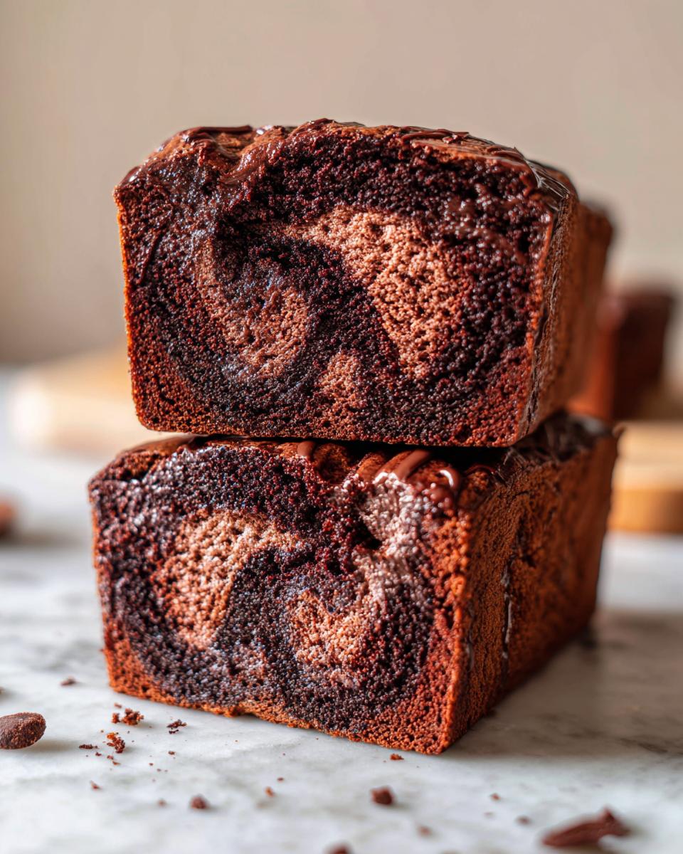 Two stacked slices of marbled hot fudge brownie bread showing a rich, dark chocolate swirl texture and fudge topping.