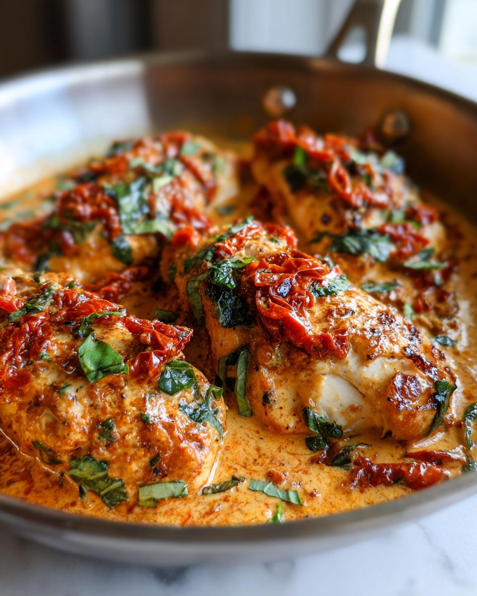 Close-up of Marry Me Chicken breasts simmering in a rich, creamy tomato sauce topped with sun-dried tomatoes and fresh basil.