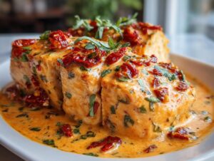 Three thick pieces of Marry Me Chicken smothered in a creamy, orange sauce with sun-dried tomatoes and fresh herbs.