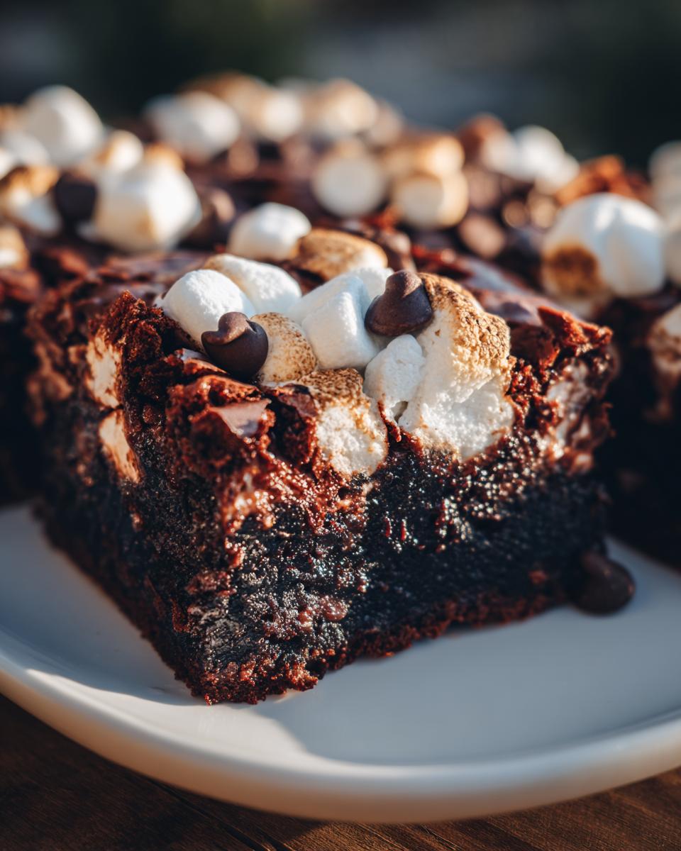 A rich, fudgy slice of hot chocolate brownies topped with toasted marshmallows and chocolate chips.