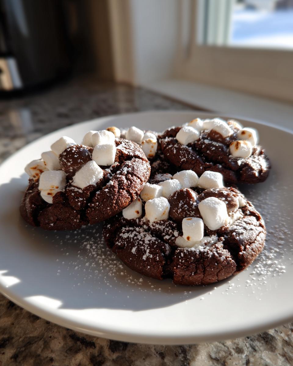 Three rich, dark hot chocolate cookies topped with mini marshmallows and powdered sugar on a white plate.