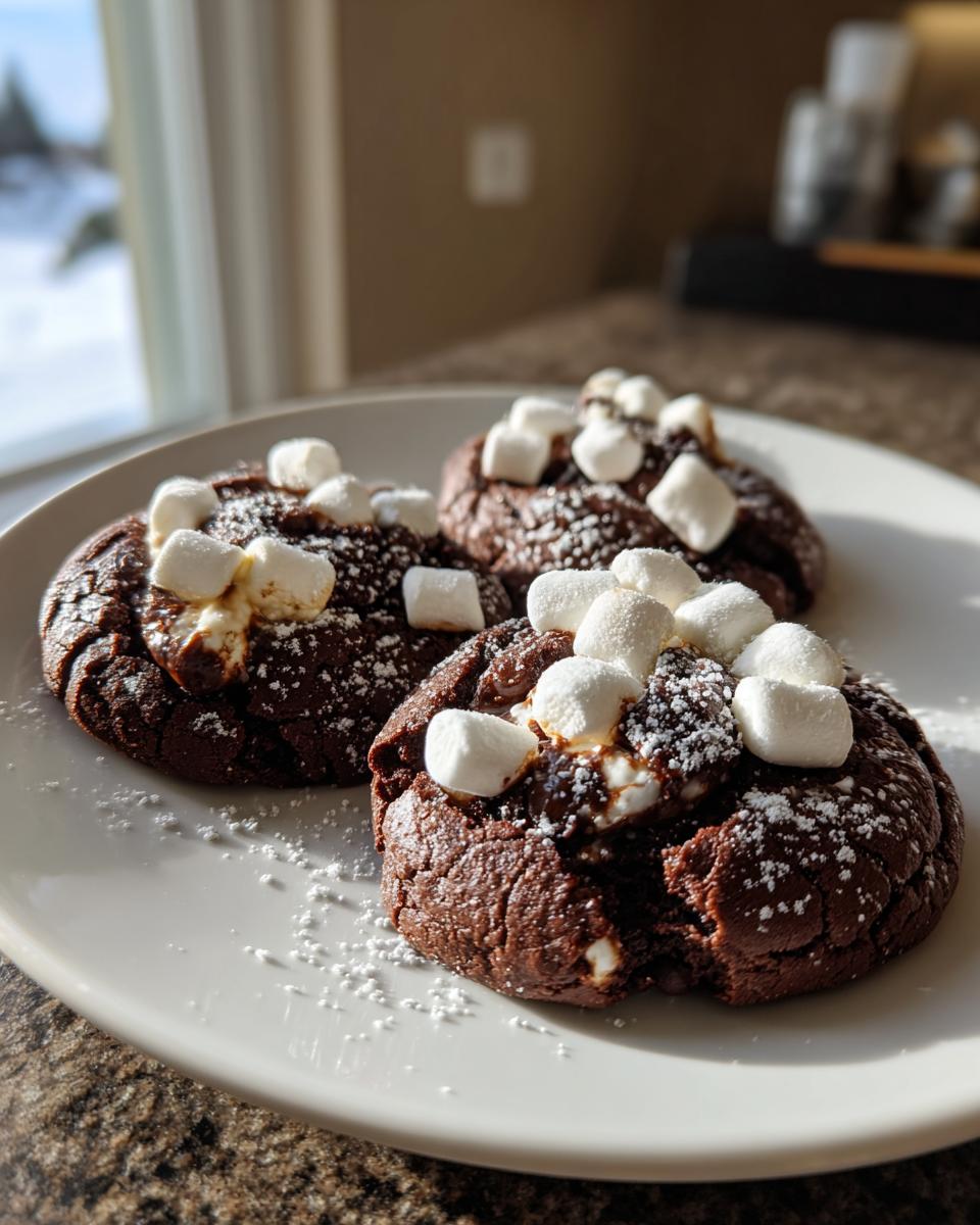 Three rich, dark hot chocolate cookies topped with melted marshmallows and powdered sugar on a white plate.
