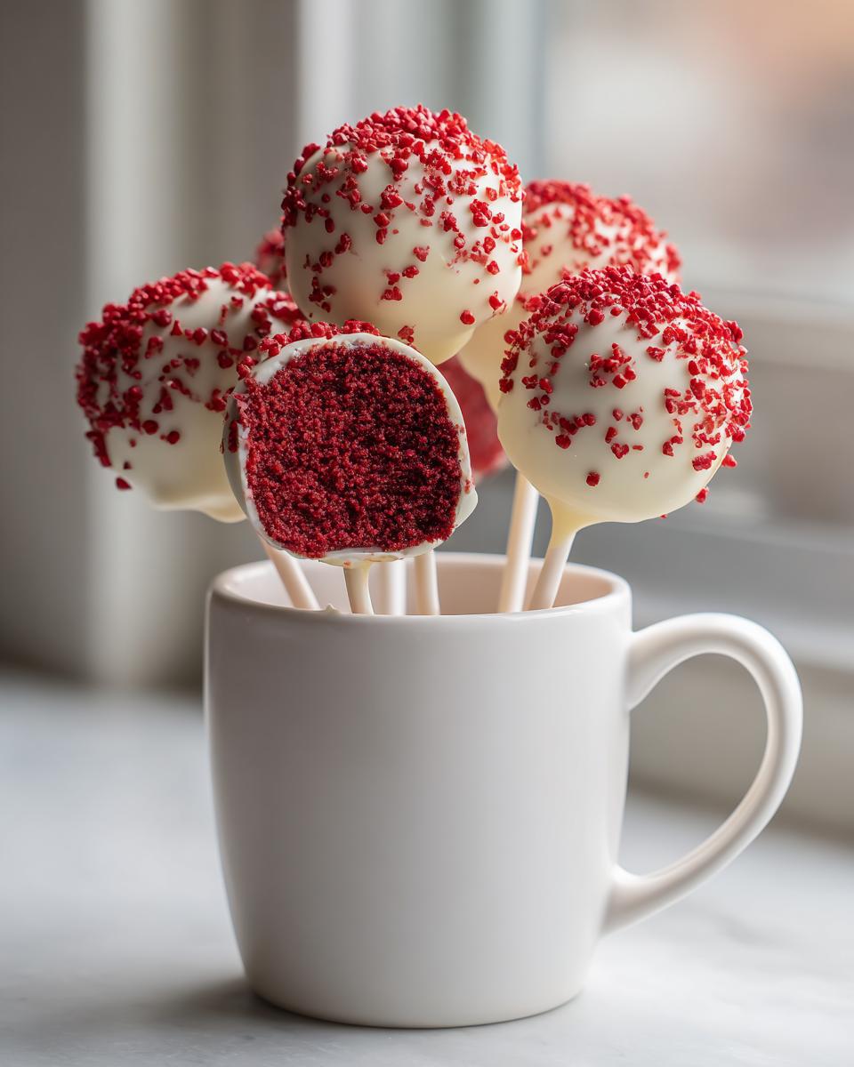 A cluster of white chocolate-dipped red velvet cake pops topped with red sprinkles, displayed in a white mug.