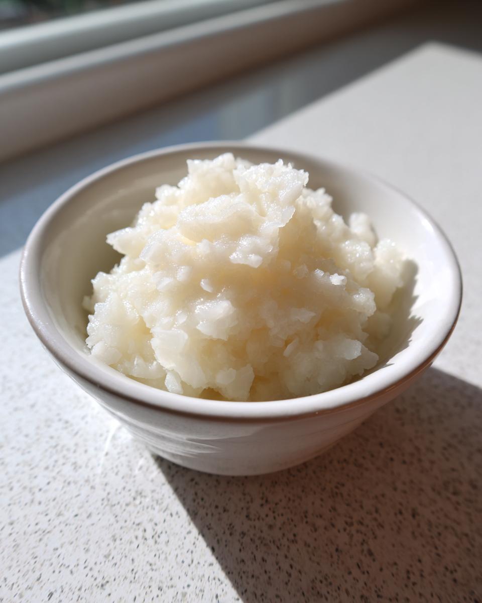 A small white bowl filled with freshly mashed garlic, essential for making the amazing 5-minute garlic sauce.