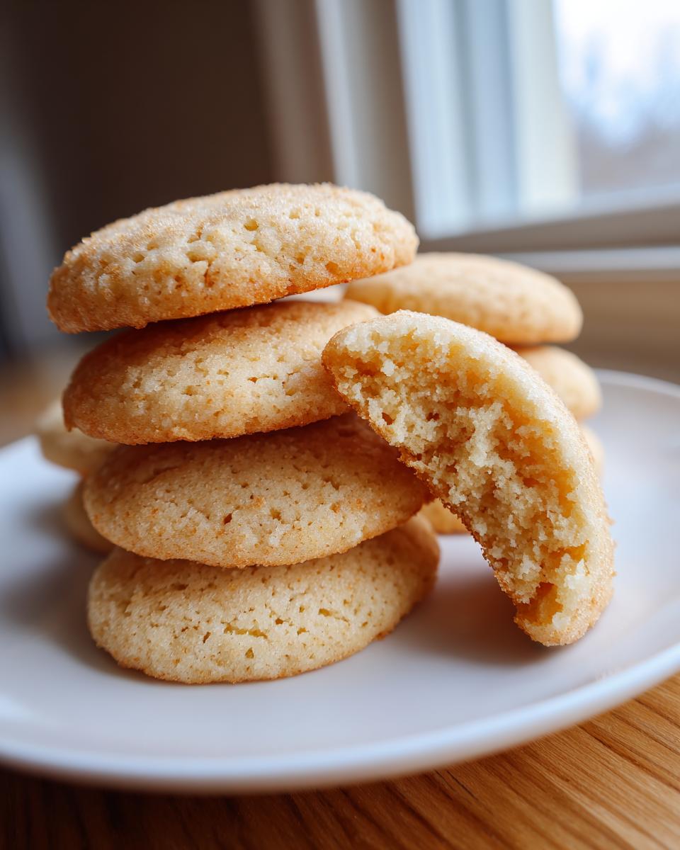 A stack of soft, golden sugar cookies, one broken open to show the texture, served on a white plate.