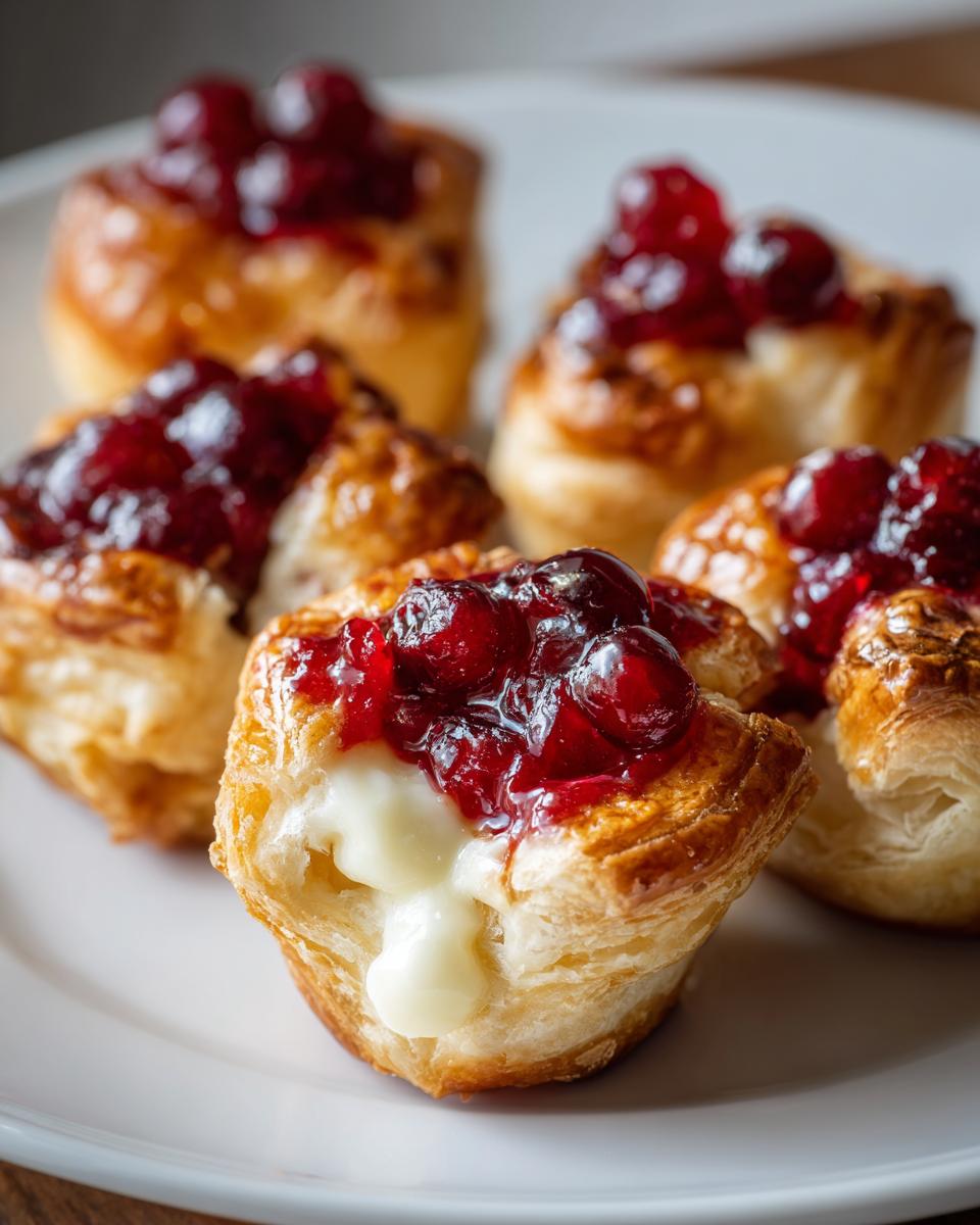 Close-up of a flaky pastry cup filled with melted brie and topped with cranberry sauce, showcasing delicious brie bites.