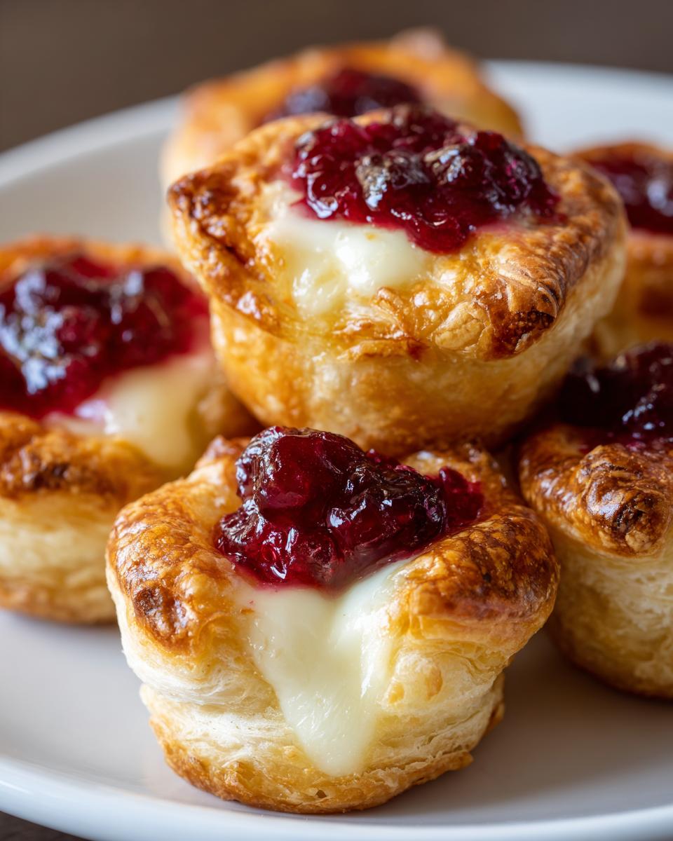 Close-up of flaky pastry brie bites filled with melted brie cheese and topped with dark red jam.