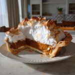 A generous slice of butterscotch pie with a thick, toasted meringue topping, sitting on a white plate.