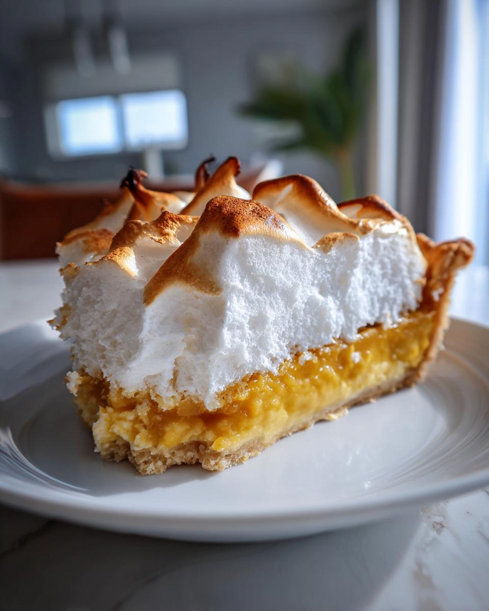 A close-up of a slice of rich butterscotch pie topped with fluffy, toasted meringue peaks.