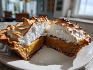A close-up, cross-section view of a rich butterscotch pie topped with tall, toasted meringue.