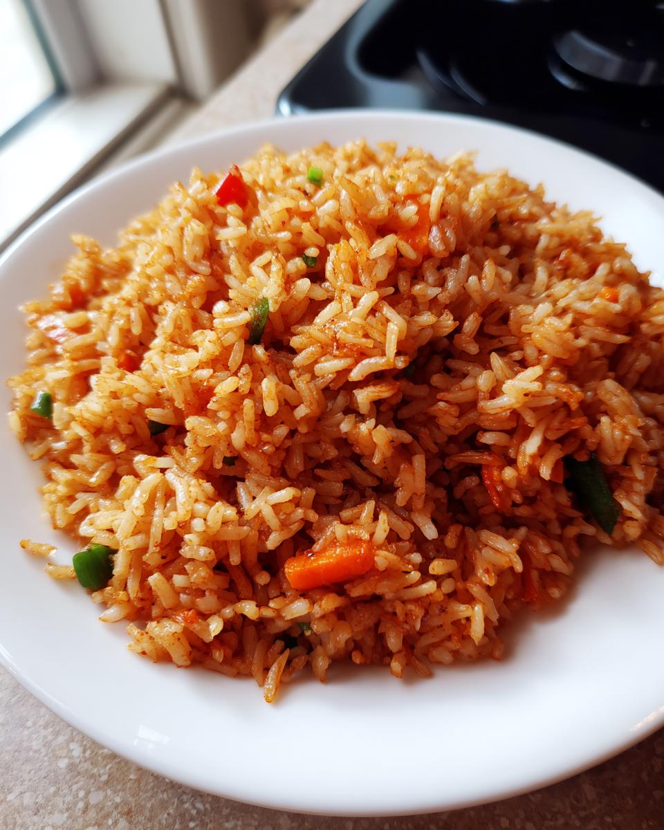 A close-up of a generous serving of flavorful mexican rice recipe, mixed with visible pieces of carrots and peppers, on a white plate.