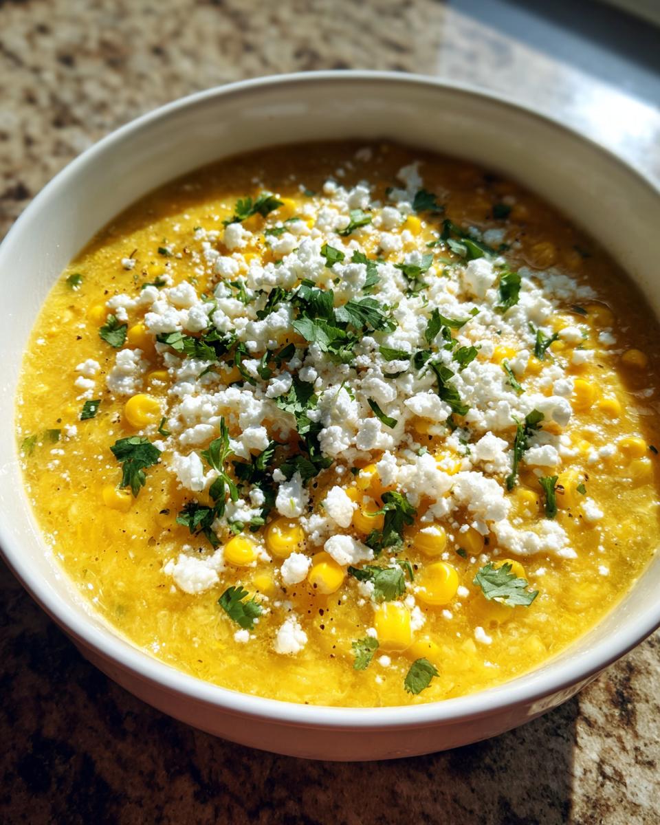 A close-up of a vibrant yellow Mexican street corn soup topped generously with crumbled white cheese and fresh cilantro.