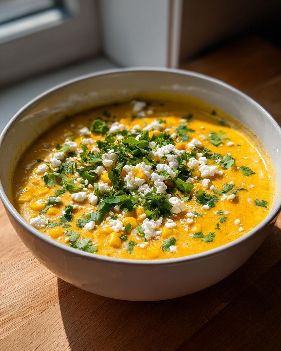 A close-up of a creamy, vibrant yellow Mexican street corn soup topped generously with crumbled white cheese and fresh chopped cilantro.