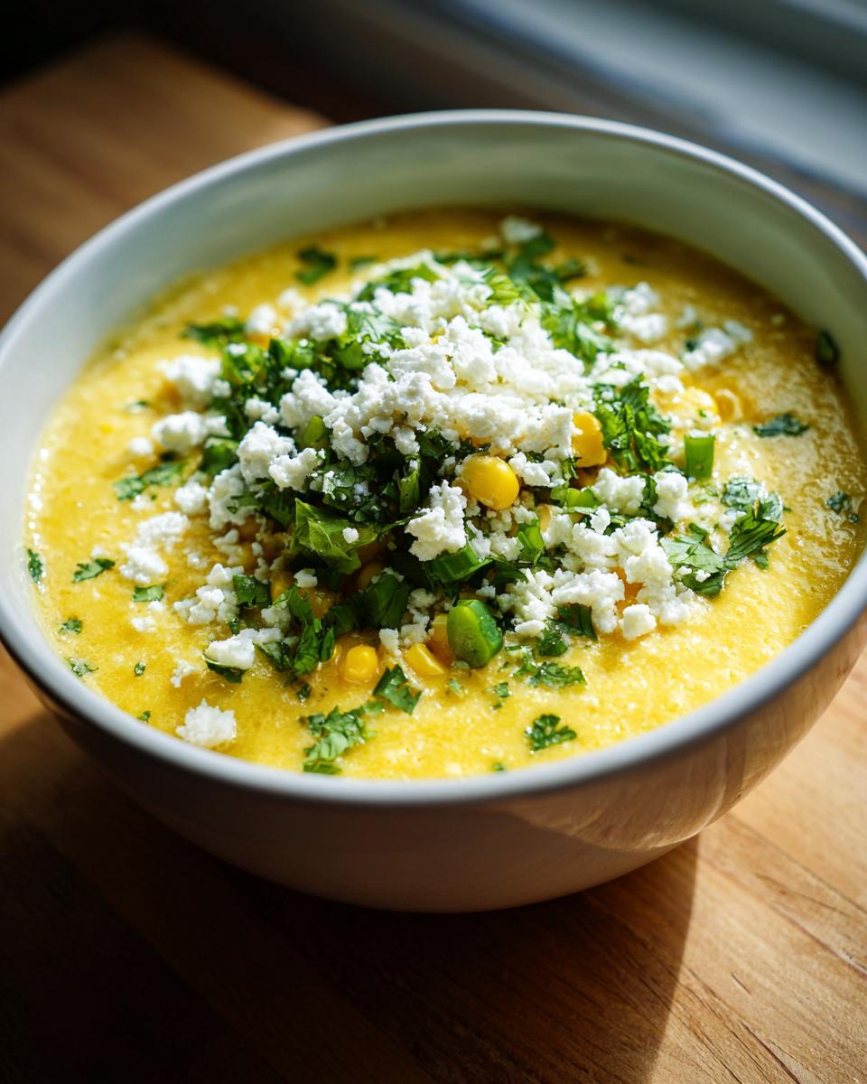 A close-up of a vibrant yellow Mexican street corn soup topped generously with crumbled white cheese and fresh cilantro.