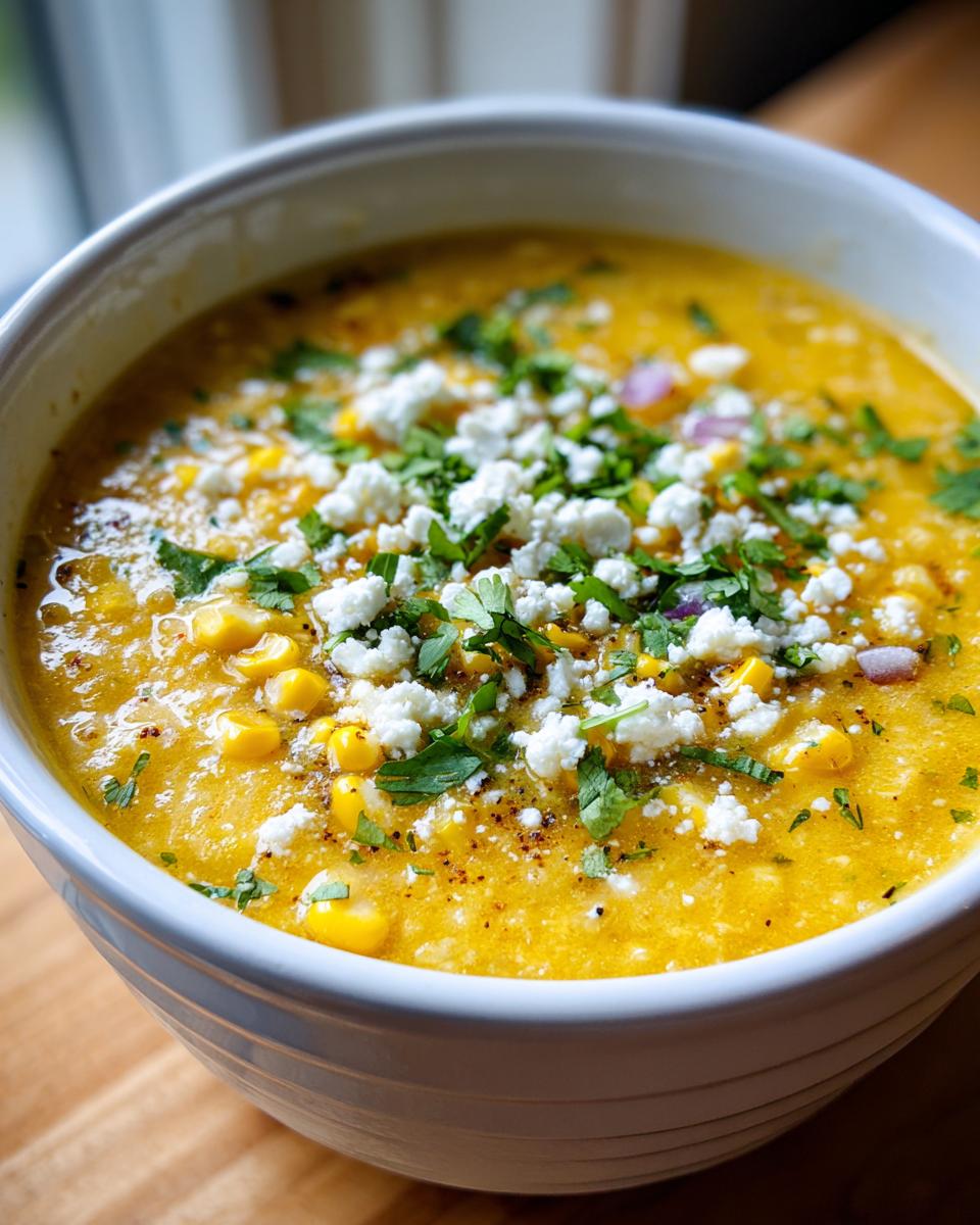 A vibrant, close-up view of creamy Mexican street corn soup topped generously with crumbled white cheese and fresh cilantro.