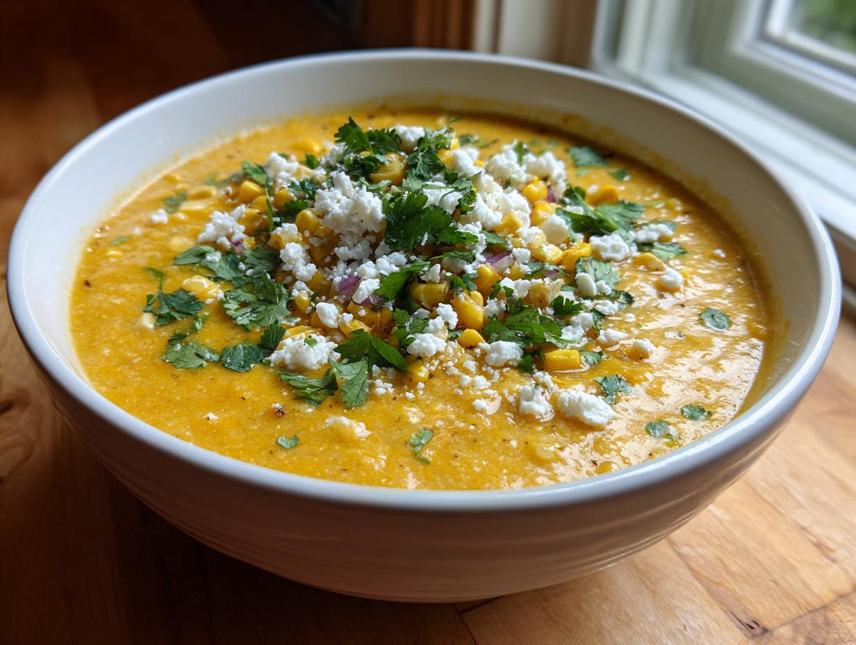 A close-up of a bowl of vibrant yellow Mexican street corn soup, generously topped with cotija cheese, corn kernels, and fresh cilantro.
