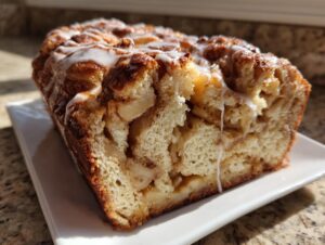 Close-up of a freshly baked loaf of moist apple bread showing chunks of apple and a sweet white glaze drizzled on top.