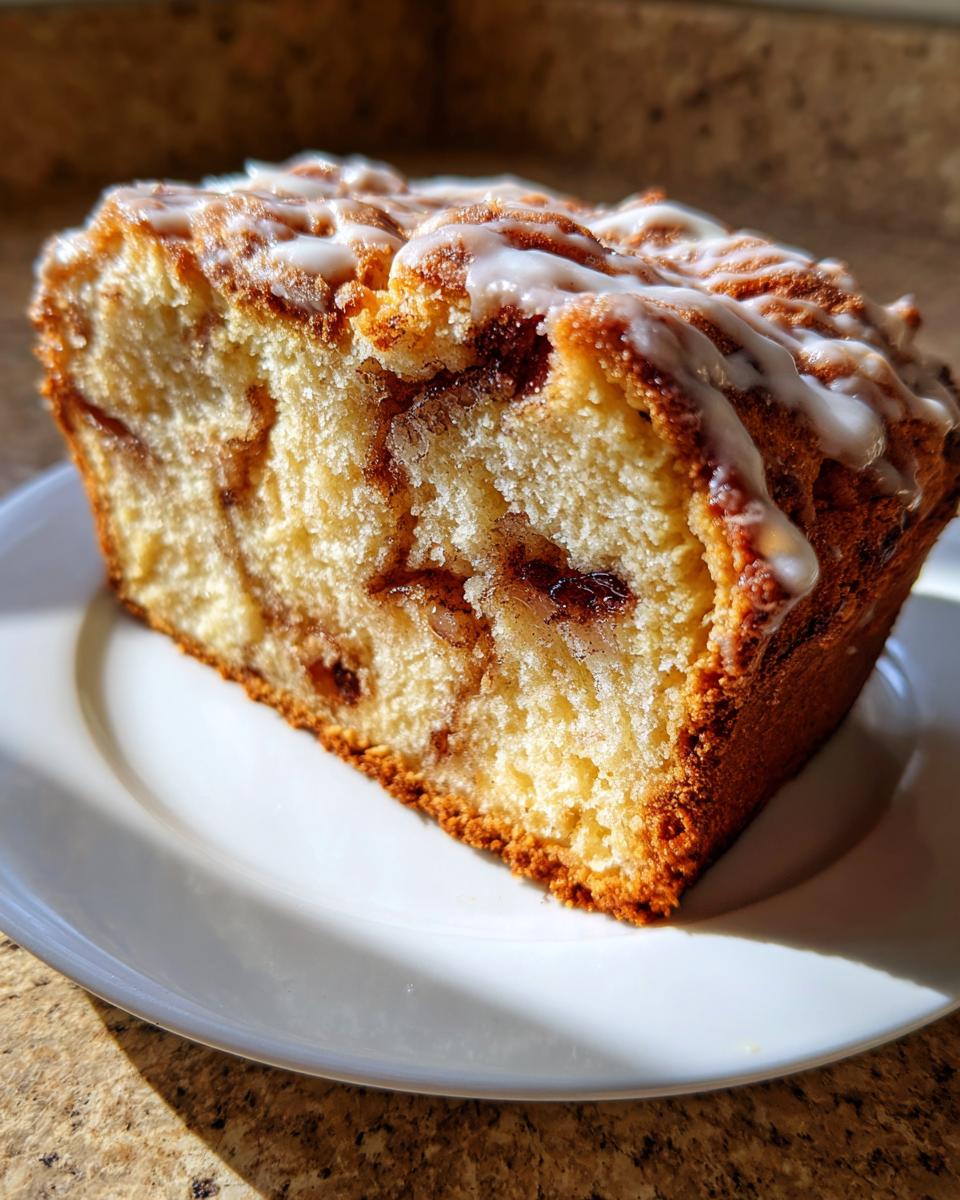 Close-up of a moist slice of apple bread with cinnamon swirls and a white sugar glaze on a white plate.