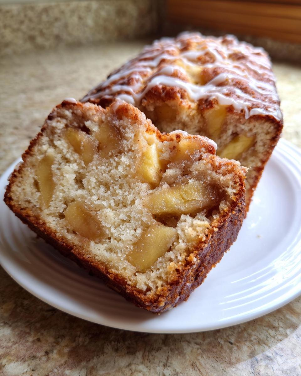 Close-up view of a slice of moist apple bread, showing chunks of cooked apple inside and a sweet glaze drizzled on top.