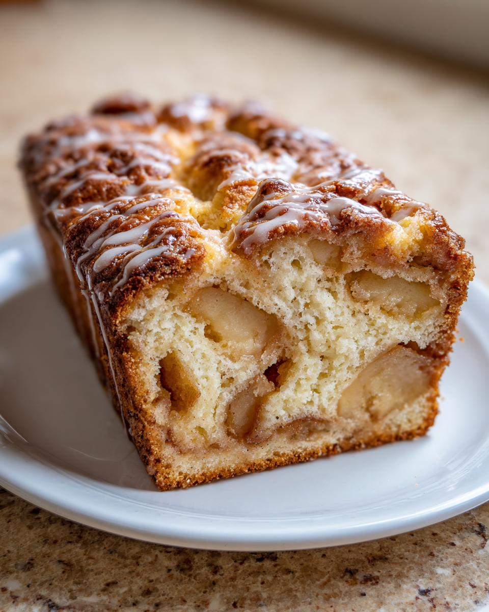 Close-up of a moist slice of homemade apple bread, showing chunks of apple and a light sugar glaze topping.