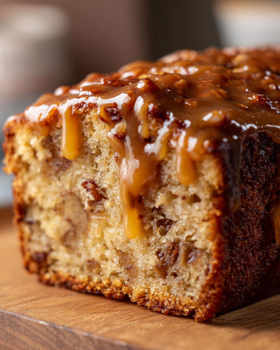 Close-up of a moist slice of apple dapple cake topped with thick, dripping caramel sauce.