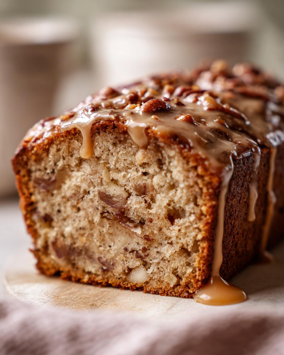 Close-up of a slice of moist Apple Dapple Cake topped with a thick caramel glaze and pecans.