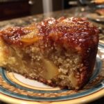 Close-up of a moist slice of apple dapple cake showing tender crumb and caramelized apple topping.