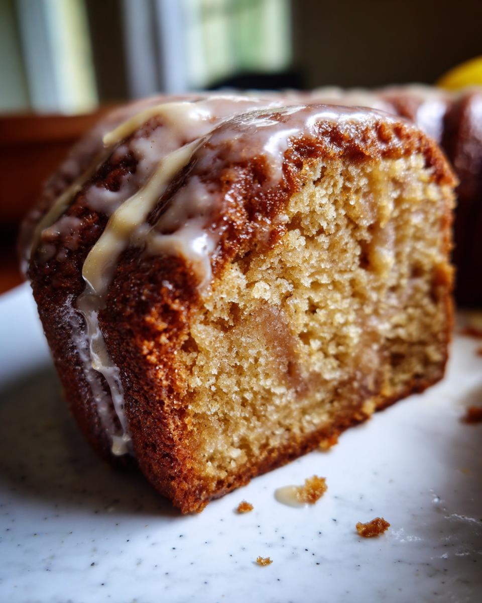 Close-up of a moist slice of apple dapple cake showing the crumb texture and vanilla glaze dripping down the side.
