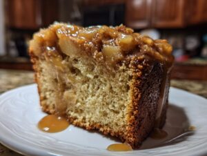 Close-up of a moist slice of apple dapple cake topped with caramelized apples and sauce dripping onto a white plate.