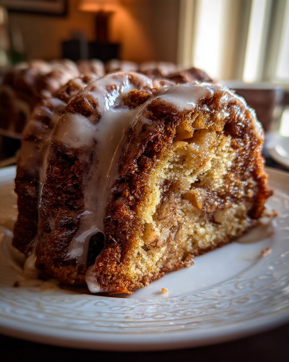Close-up of a moist slice of Apple Dapple Cake featuring a cinnamon swirl and drizzled with white glaze.