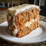 A close-up of a thick slice of moist applesauce cake layered with cream cheese frosting on a white plate.