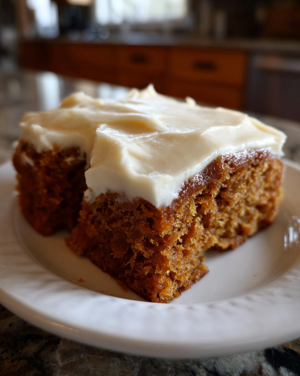 Close-up of a moist slice of applesauce cake topped with thick, white cream cheese frosting on a white plate.