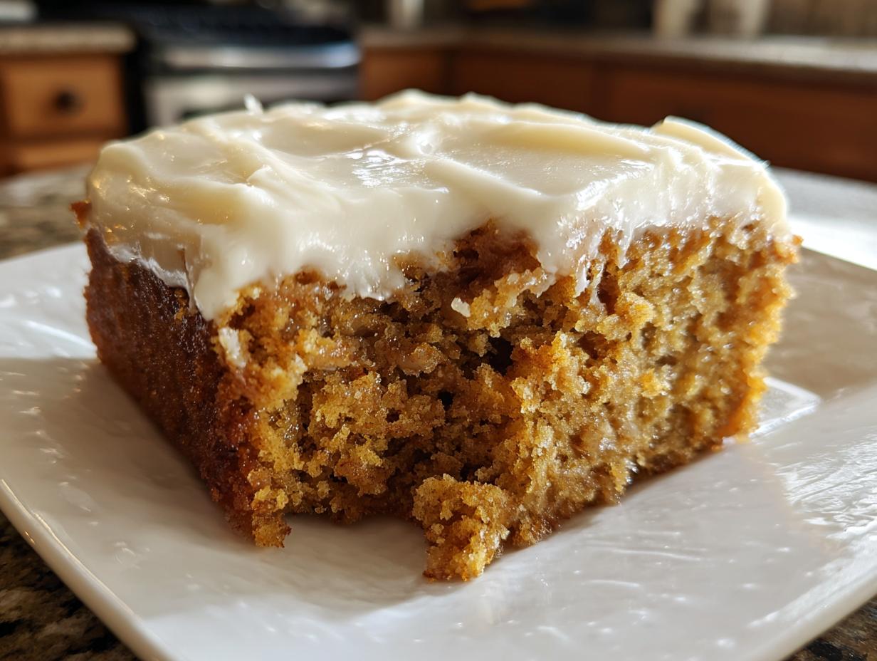Close-up of a moist slice of applesauce cake topped with thick, creamy white frosting.