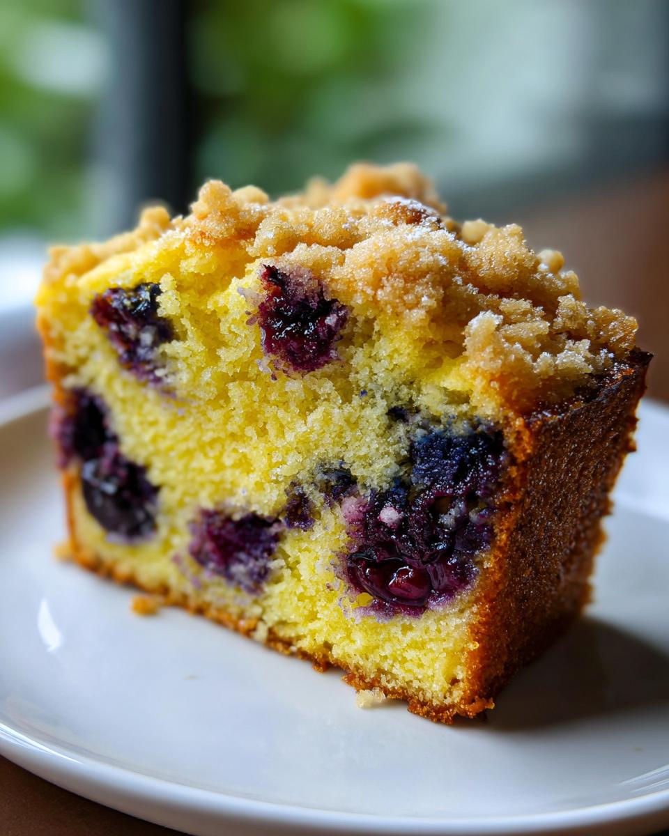 Close-up of a moist slice of blueberry bread featuring bright yellow cake, juicy blueberries, and a crumb topping.