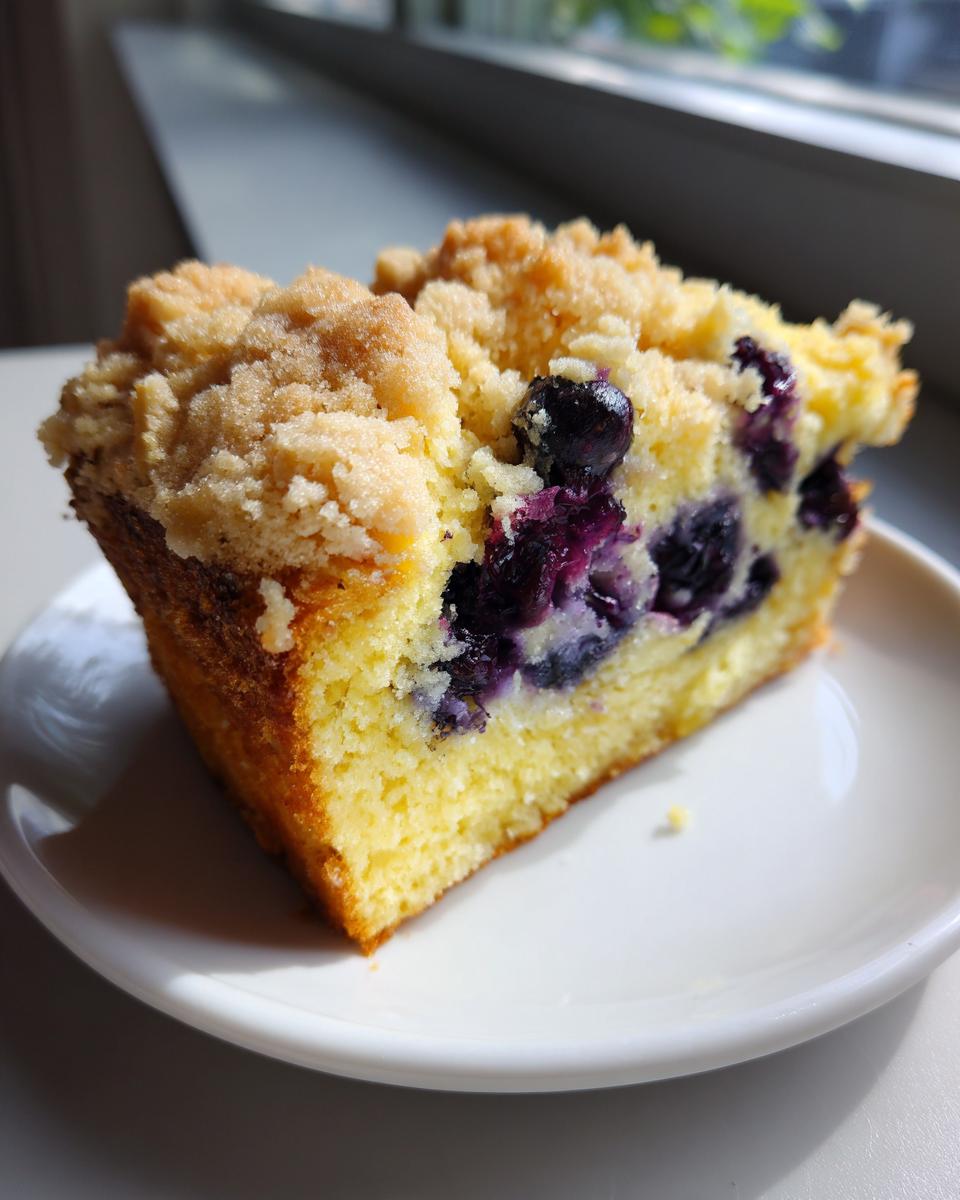Close-up of a moist slice of blueberry bread featuring a golden crumb topping and bursting blueberries.