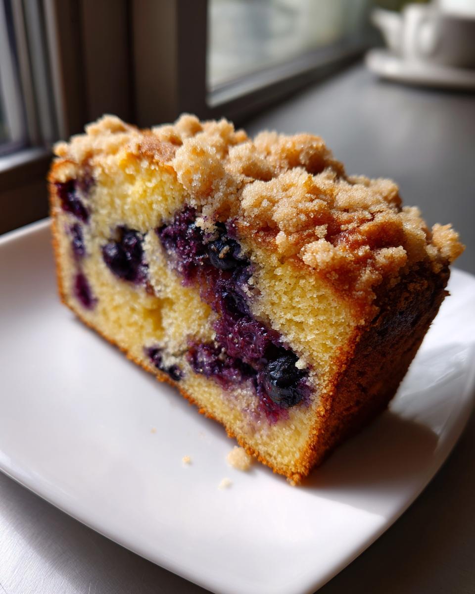 Close-up of a moist slice of blueberry bread featuring bright purple blueberries and a golden crumb topping.