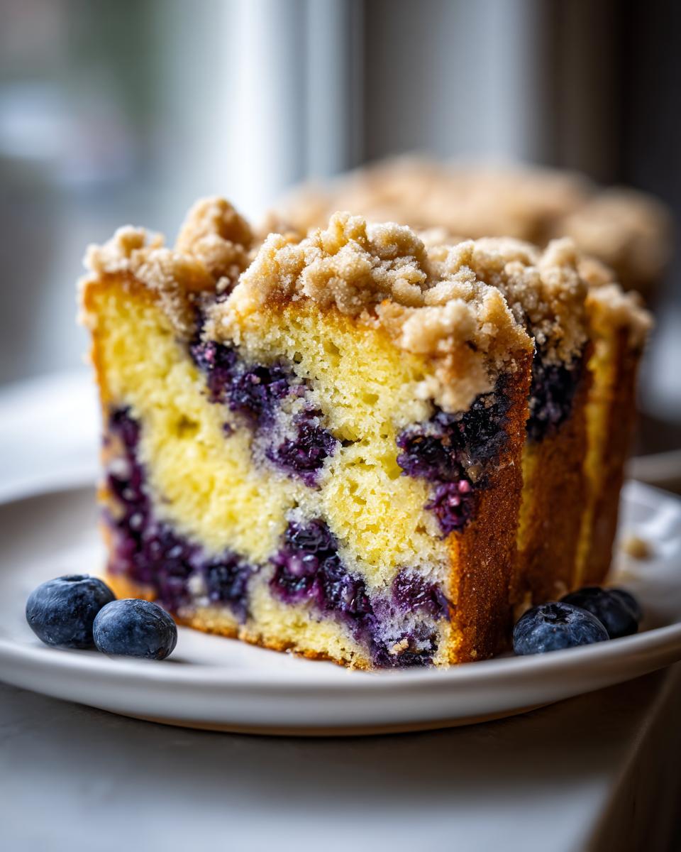 A thick slice of moist blueberry bread with a yellow crumb interior, topped with streusel, served on a white plate with fresh blueberries.