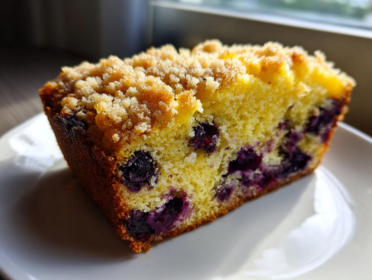 Close-up of a moist slice of blueberry bread featuring a crumbly streusel topping and visible blueberries throughout the yellow crumb.