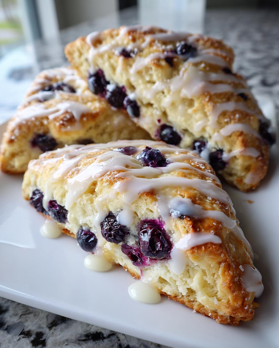 Close-up of flaky blueberry scones drizzled generously with white vanilla glaze, showcasing juicy blueberries inside.