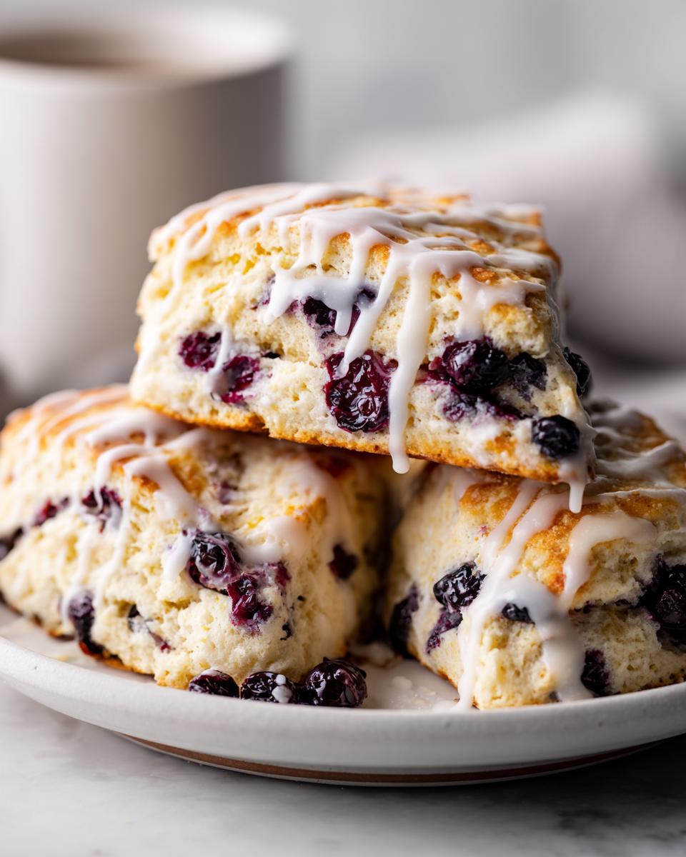 Close-up of three flaky blueberry scones stacked on a plate, drizzled generously with white vanilla glaze.