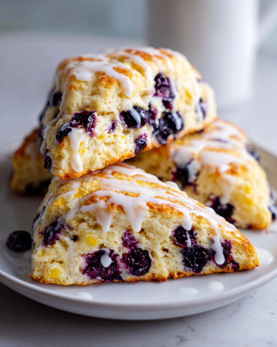 Close-up of flaky blueberry scones stacked on a plate, drizzled generously with white lemon glaze.