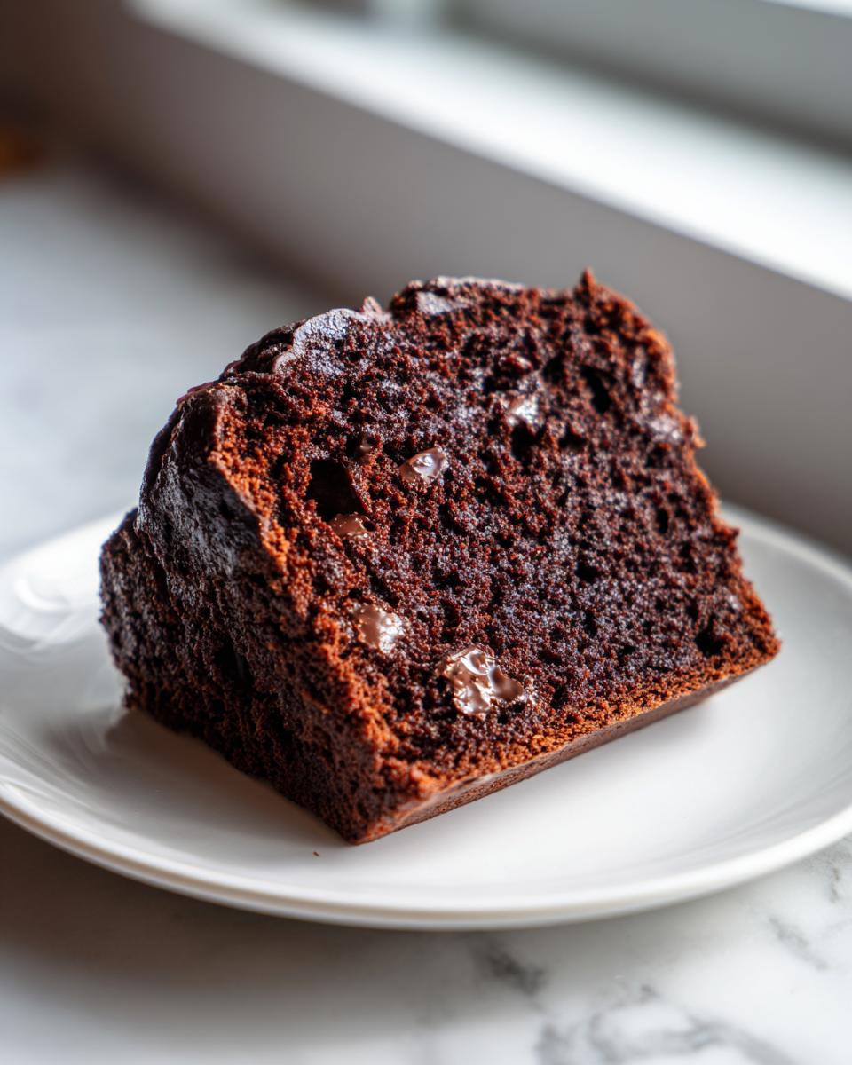 A close-up of a moist slice of dark chocolate bread with visible chocolate chips on a white plate.