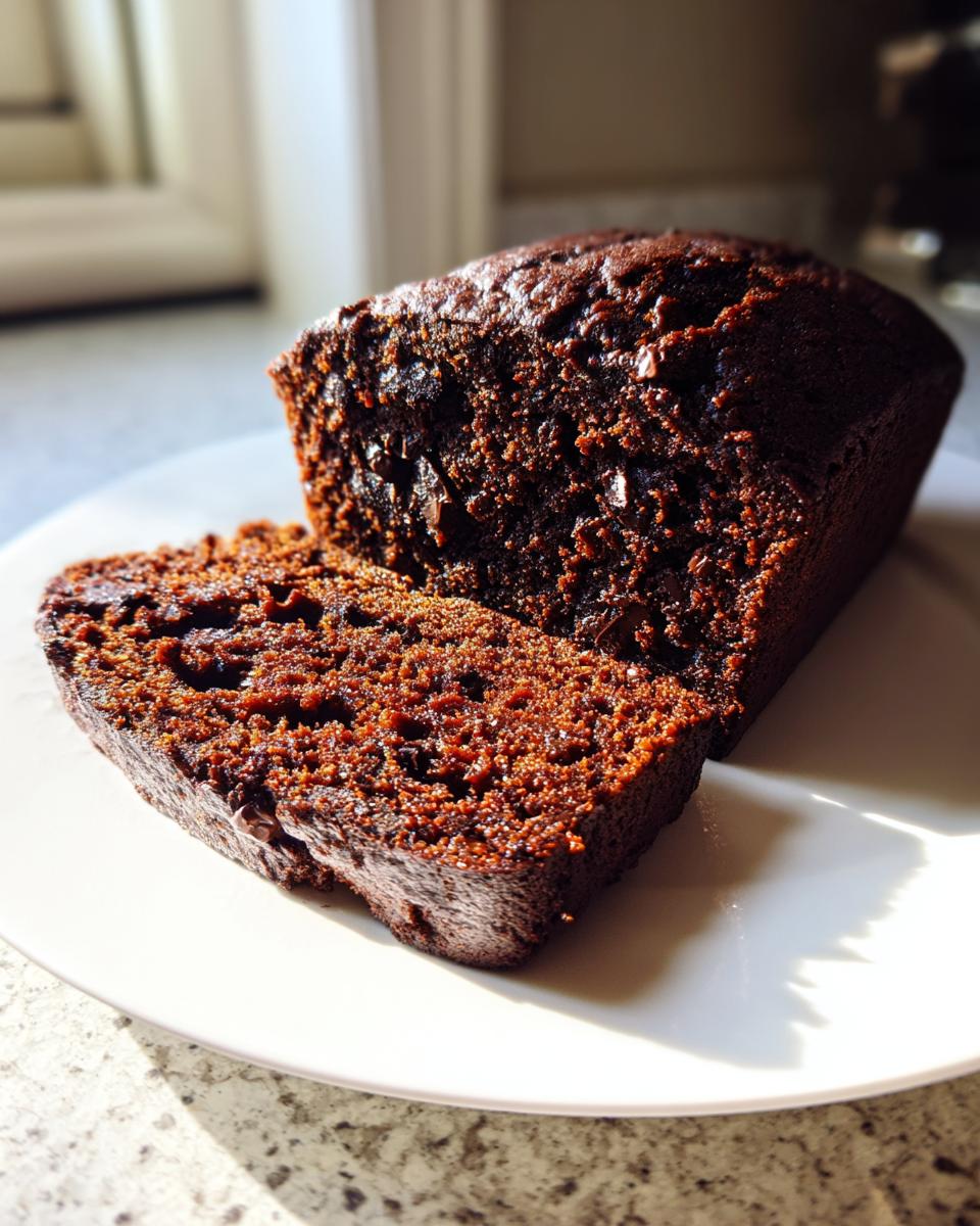 A close-up of a moist slice cut from a loaf of rich, dark chocolate bread on a white plate.