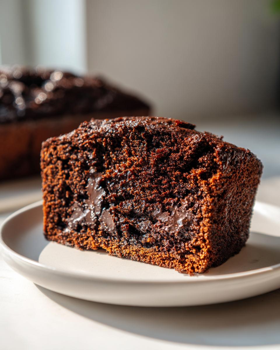 Close-up of a moist slice of chocolate bread featuring a rich, dark crumb and a melted chocolate center, served on a light plate.